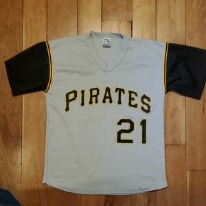 Pirates #21 Men's Grey and Black Baseball Jersey